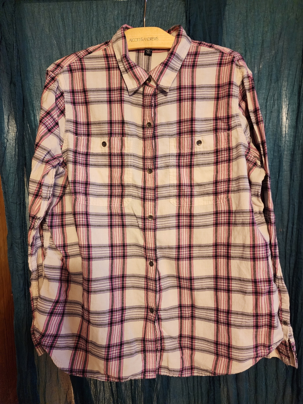 Chaps White Plaid Button-Down Shirt with Pink & Gray Stripes